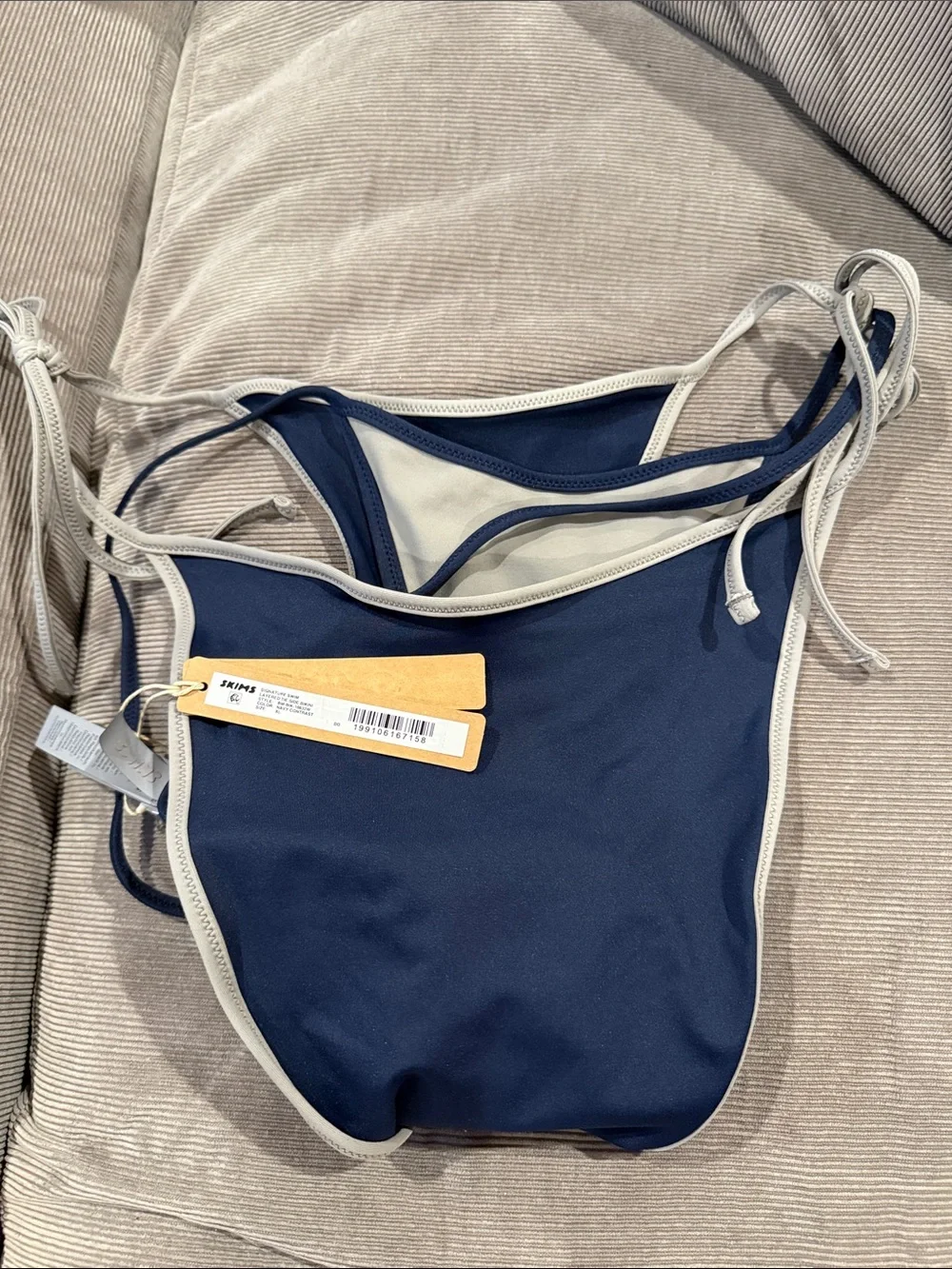SKIMS Navy Contrast-Trim String Bikini Bottom